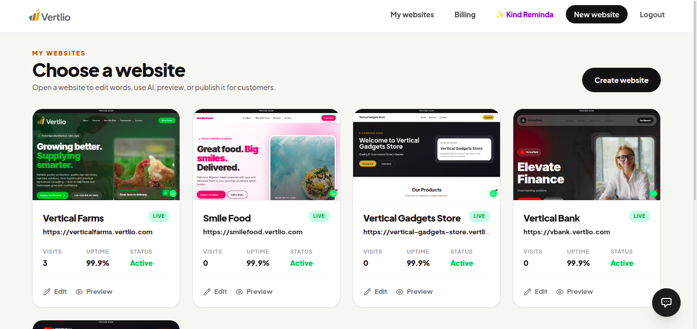 Vertlio AI Dashboard — manage websites, leads, and customers